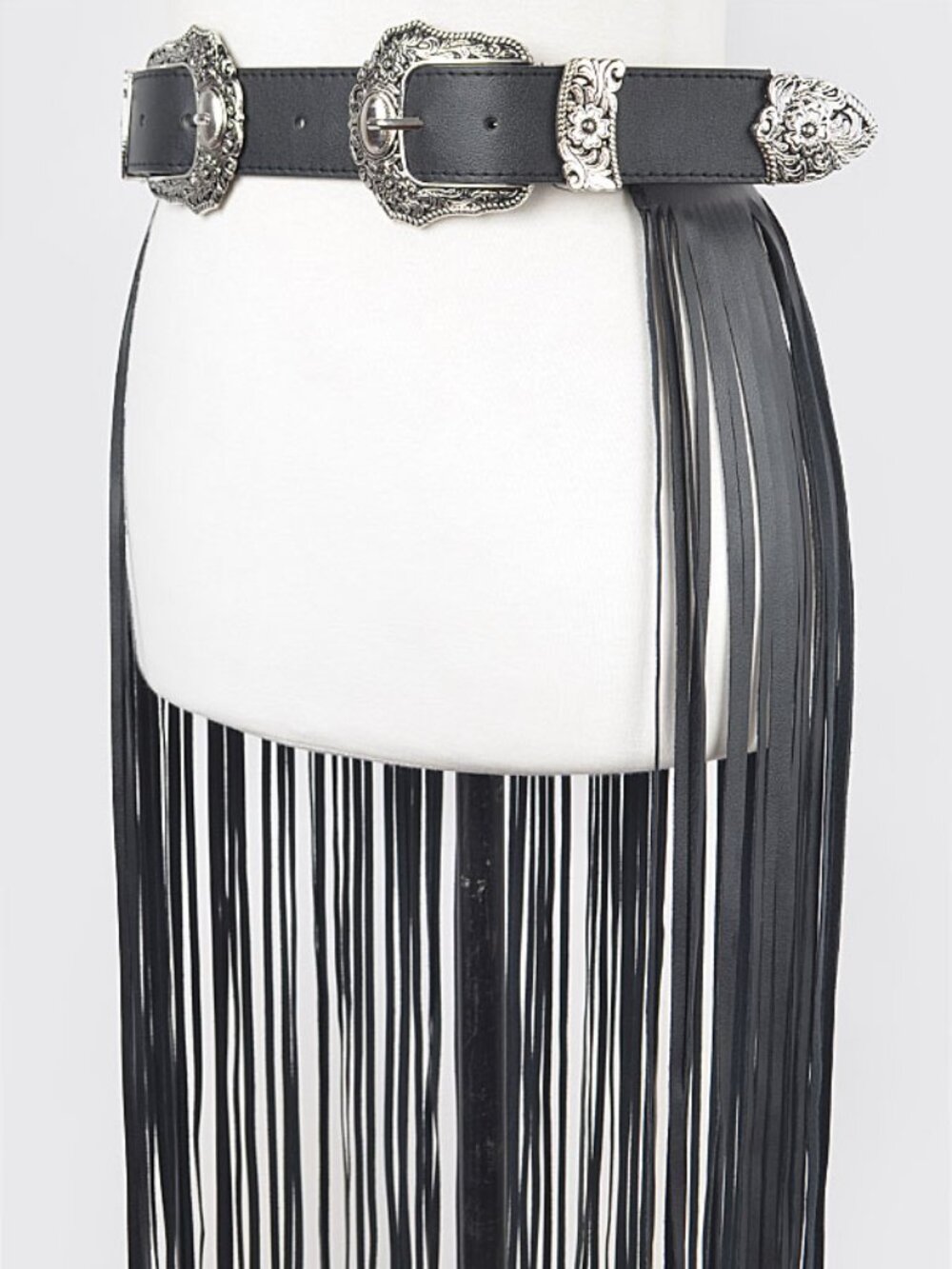 BNWT Boho Double Buckle Western Slash Faux Leather Long Fringe Belt - Picture 2 of 3